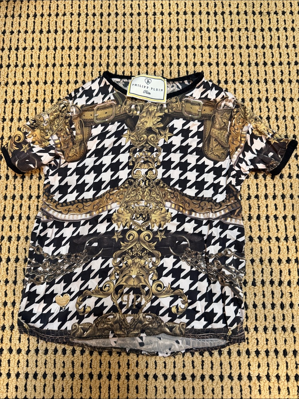 Philipp Plein kids 4  Black White Houndstooth Tee with Gold Baroque Print